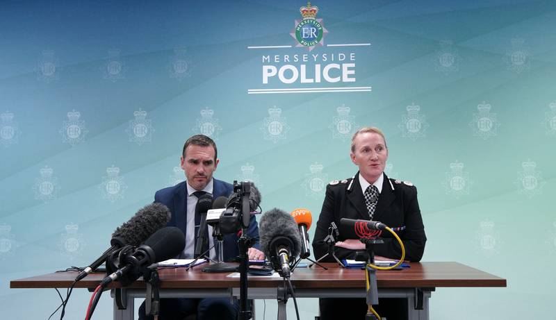 Detective Chief Superintendent Mark Kameen and Chief Constable Serena Kennedy from Merseyside Police speak to the media. PA