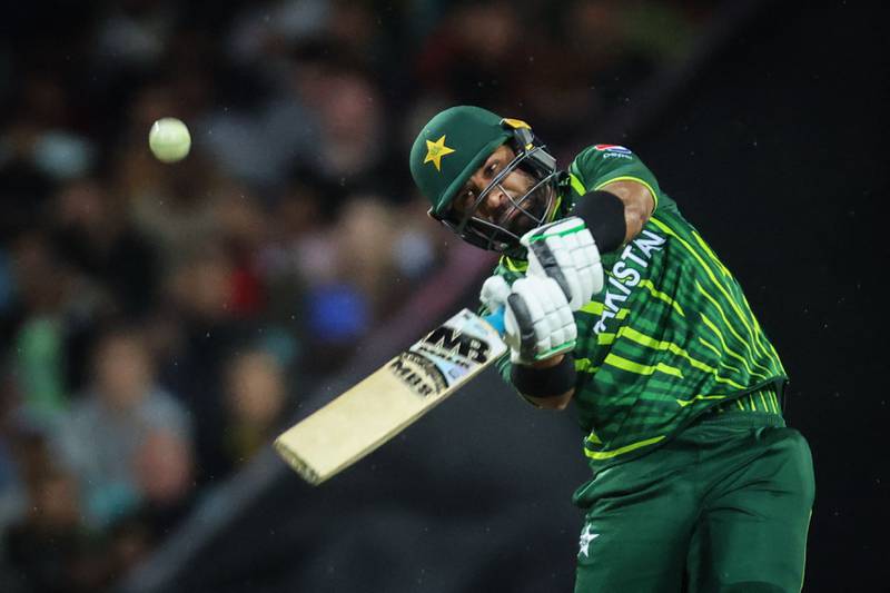 Pakistan’s Iftikhar Ahmed hits a boundary during the 2022 ICC Twenty20 World Cup cricket tournament match between Pakistan and South Africa at the Sydney Cricket Ground (SCG) on November 3, 2022.  (Photo by DAVID GRAY  /  AFP)  /  -- IMAGE RESTRICTED TO EDITORIAL USE - STRICTLY NO COMMERCIAL USE --