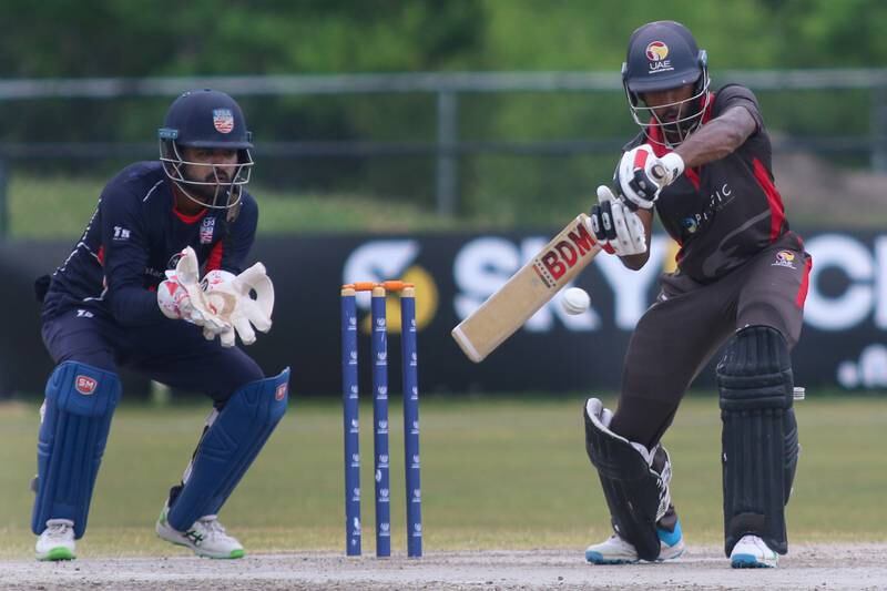 Vriitya Aravind scored 102 not out for UAE against United States in Cricket World Cup League 2 in Texas. Courtesy USA Cricket. Photo: USA Cricket