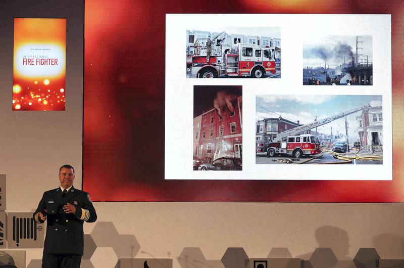 DUBAI , UNITED ARAB EMIRATES , MARCH 21  – 2017 :- Adam Thiel , Commissioner , Philadelphia Fire Department , USA speaking during the 8th Annual Fire Safety Forum held at the Palazzo Versace hotel in Dubai. ( Pawan Singh / The National ) For News. Story by Nawal