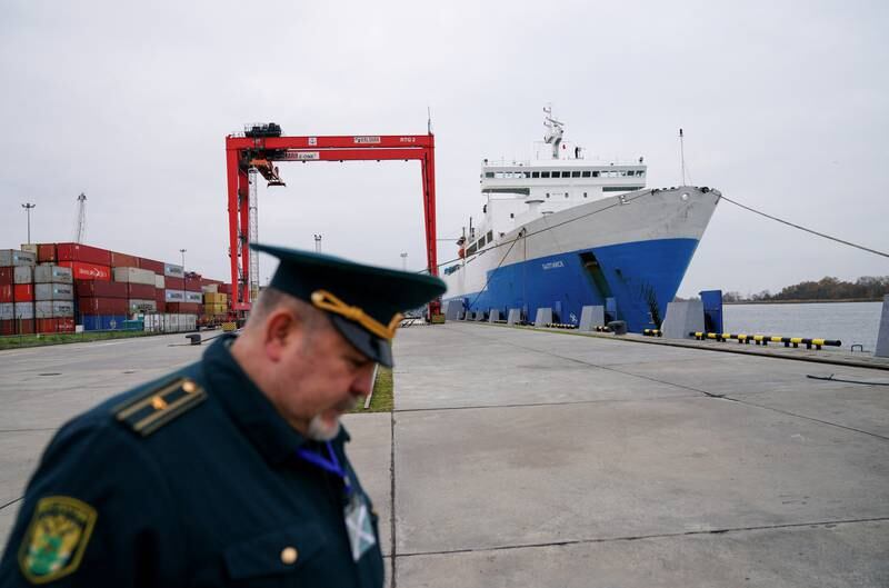 A Russian customs officer at a commercial port in the Baltic Sea town of Baltiysk in the Kaliningrad region.  Reuters