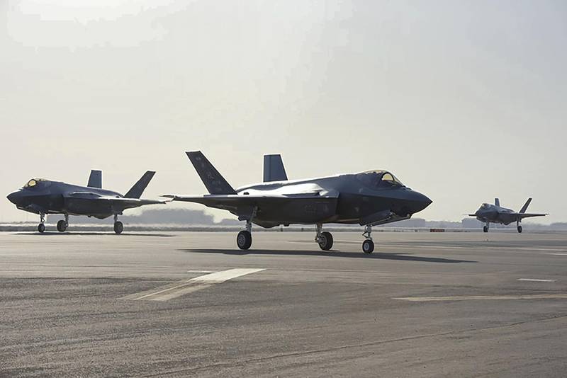 Three F-35A Lightning IIs assigned to the 4th Expeditionary Fighter Squadron taxi after landing at Al Dhafra Air Base, United Arab Emirates, April 15, 2019. The F-35A Lightning II is deployed to the Air Forces Central Command Area of Responsibility for the first time in U.S. Air Force history. (U.S. Air Force photo by Staff Sgt. Chris Thornbury) 