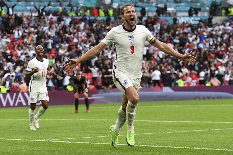 Harry Kane celebrates scoring England's second goal. AP