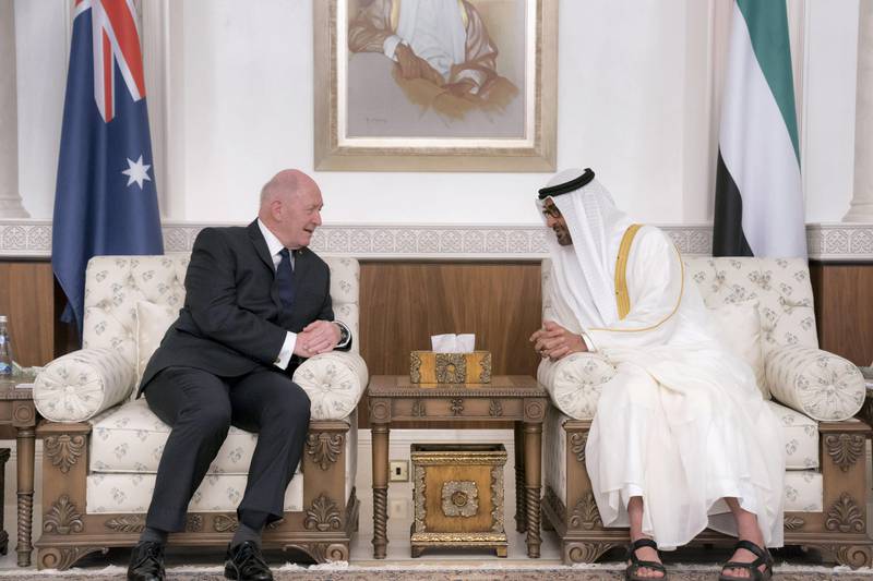 ABU DHABI, UNITED ARAB EMIRATES - October 01, 2017: HH Sheikh Mohamed bin Zayed Al Nahyan, Crown Prince of Abu Dhabi and Deputy Supreme Commander of the UAE Armed Forces (R), meets with His Excellency General the Honourable Sir Peter Cosgrove, Governor-General of Australia (L), at Mushrif Palace. 


( Hamad Al Kaabi / Crown Prince Court - Abu Dhabi )
---