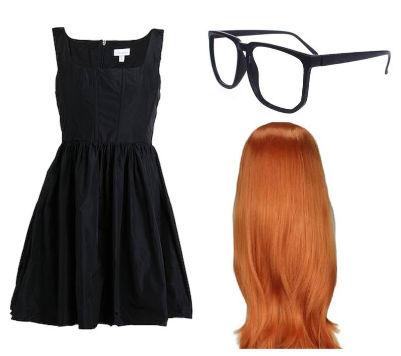 Dress as Anna Delvey from ‘Inventing Anna’: black dress, Dh231, Topshop at www.yoox.com, oversized glasses, Dh26.95, www.fruugo.ae; red wig, Dh50.14, www.lightinthebox.com. Photo: Topshop, Fruugo, Light in the box