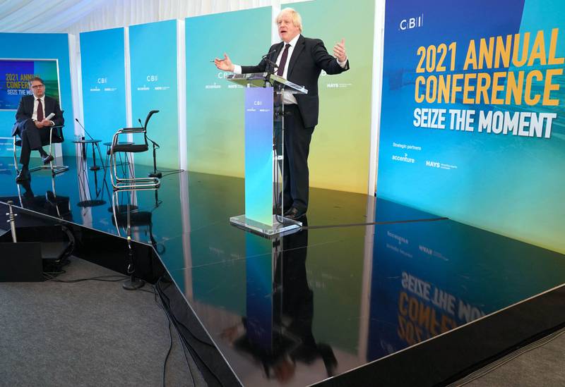 Boris Johnson speaks at the CBI annual conference on November 22, 2021. AFP