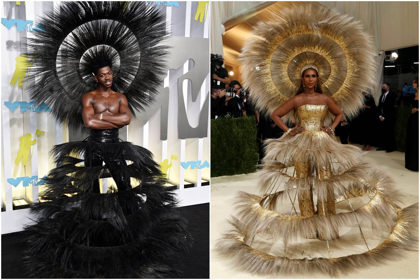 Lil Nas X wearing Harris Reed at the 2022 MTV VMAs and Iman in a gold version of the look at the 2021 Met Gala in September 2021. Reuters, Getty Images