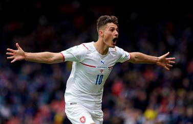 Czech Republic's Patrik Schick celebrates scoring the second goal during the UEFA Euro 2020 Group D match at Hampden Park, Glasgow. Picture date: Monday June 14, 2021. PA Photo. See PA story SOCCER Scotland. Photo credit should read: Andrew Milligan/PA Wire. RESTRICTIONS: Use subject to restrictions. Editorial use only, no commercial use without prior consent from rights holder.