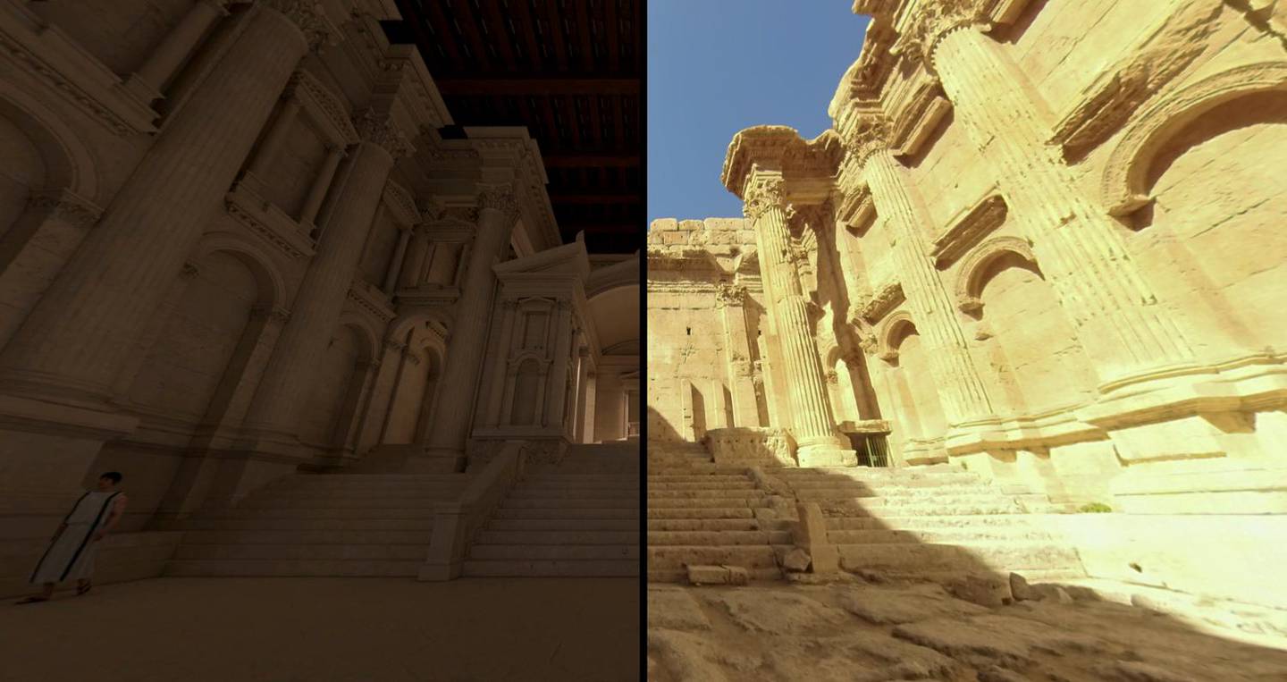 The adyton of the Temple of Bacchus, reconstruction and present day. Courtesy Flyover Zone Productions and DAI