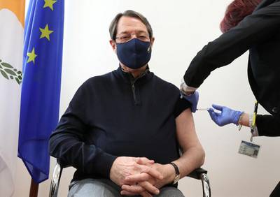 Cypriot President Nicos Anastasiades receives the Pfizer-BioNTech vaccine in the capital Nicosia. Reuters
