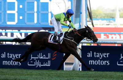 DUBAI , UNITED ARAB EMIRATES , MARCH 27  – 2021 :-   SUBJECTIVIST   (GB) ridden by  JOE FANNING  ( no 11 ) won the 3rd horse race   Dubai Gold Cup 3200m Turf  during the Dubai World Cup held at Meydan Racecourse in Dubai. ( Pawan Singh / The National ) For News/Sports/Instagram/Big Picture. Story by Amith