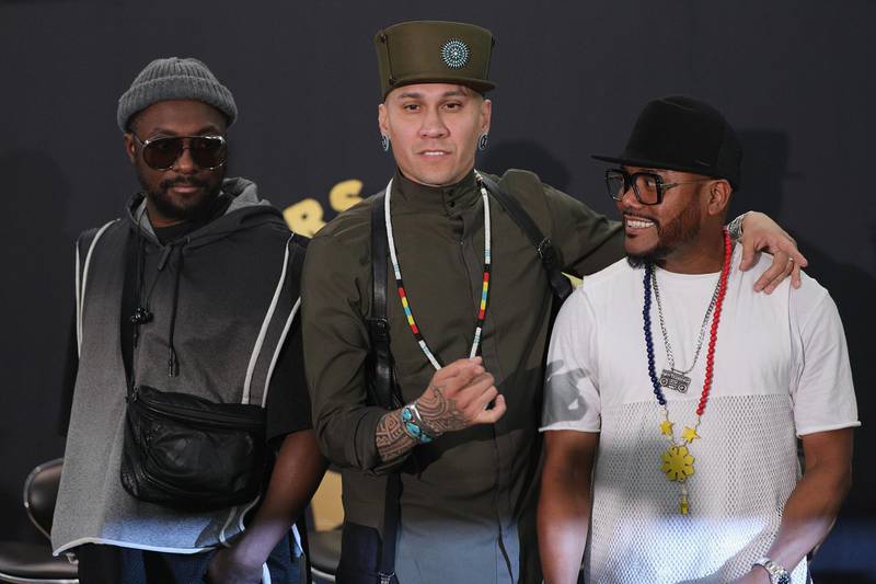 MEXICO CITY, MEXICO - AUGUST 16:  (L-R) Will.i.am, Taboo and Apl.de.ap of the Black Eyed Peas attend a press conference at Pepsi Center WTC on August 16, 2018 in Mexico City, Mexico.  (Photo by Victor Chavez/Getty Images)