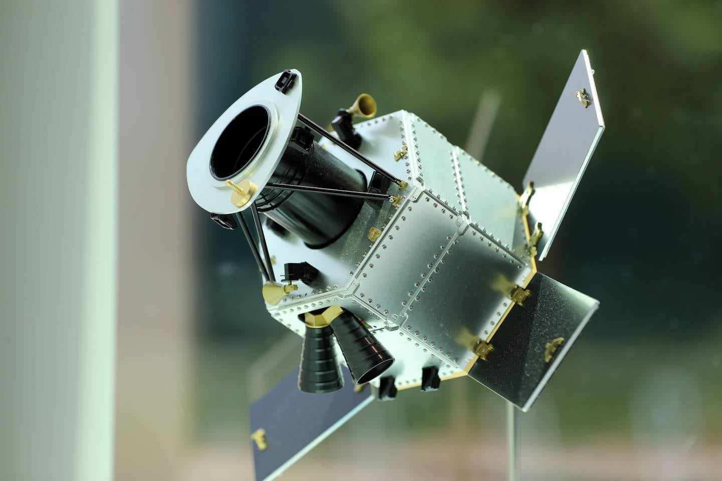 A model of the MBZ-Sat, the second satellite to be designed and built entirely by Emirati engineers. Photo: MBRSC