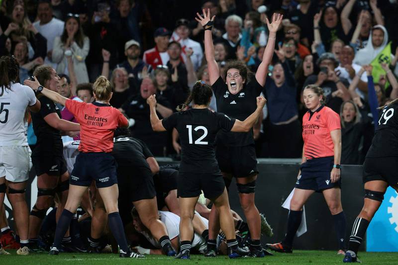 New Zealand players celebrate after winning the Women’s Rugby World Cup final. AFP