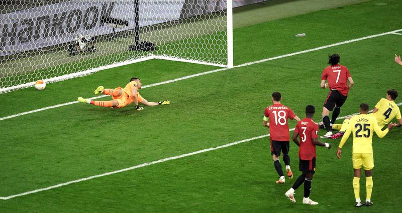 Edinson Cavani scores the equaliser for Manchester United during the Europa League final. EPA