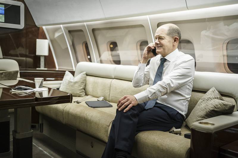 Olaf Scholz telephones US President Joe Biden, who congratulated him on taking office, in December 2021. Getty Images