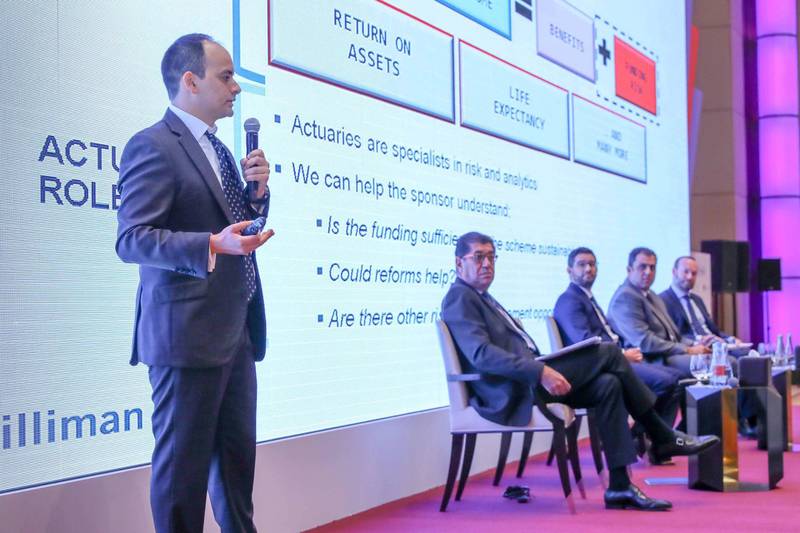 Simon Herborn, an actuary at Milliman, at the Mena Pensions Conference in Bahrain. He says the benefit acts more like a mid-career bonus than a boost to retirement saving. Photo: courtesy of Takaud