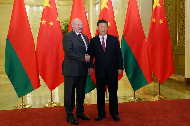 Chinese Premier Xi Jinping, right, shakes hands with Belarus President Alexander Lukashenko before the bilateral meeting of the Second Belt and Road Forum at the Great Hall of the People on Thursday, April 25, 2019 in Beijing, China. (Andrea Verdelli/Pool Photo via AP)