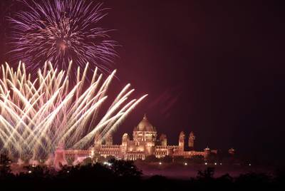 Fireworks explode in the sky over Umaid Bhawan Palace, the venue of Priyanka Chopra and Nick Jonas's wedding. Photo: Reuters