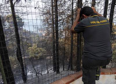 A firefighter is overwhelmed as he looks at the trail of destruction in Messina, Sicily. AFP