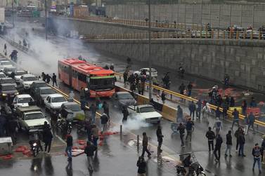 People protest against increased petrol prices on a highway in Tehran on November 16, 2019. Wana via Reuters