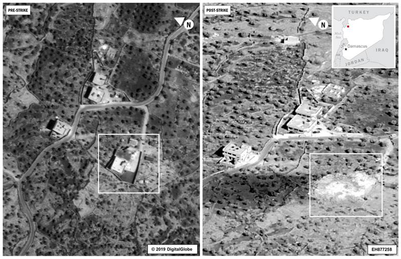 A side by side comparison of the compound of ISIS leader Abu Bakr Al Baghdadi is seen before and after an air strike in the Idlib region of Syria. Reuters