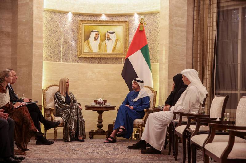 Sheikh Abdullah bin Zayed, Minister of Foreign Affairs and International Cooperation meets with Ivanka Trump, the daughter and senior adviser to US President Donald Trump at Al Shatti Palace in Abu Dhabi.  AP