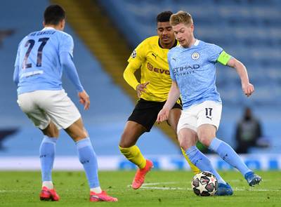 De Bruyne controls the ball during the Champions League first leg quarter-final against Borussia Dortmund on Tuesday. AFP