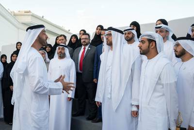 ABU DHABI, UNITED ARAB EMIRATES - December 23, 2019: HH Sheikh Mohamed bin Zayed Al Nahyan, Crown Prince of Abu Dhabi and Deputy Supreme Commander of the UAE Armed Forces (L) speaks with members of Tolerance and Coexistence Program by The Emirates Center for Strategic and Research. Seen with HE Dr Jamal Al Suwaidi Director General of the Emirates Center for Strategic Studies and Research (ECSSR) (2nd R).

( Mohamed Al Hammadi / Ministry of Presidential Affairs )
---