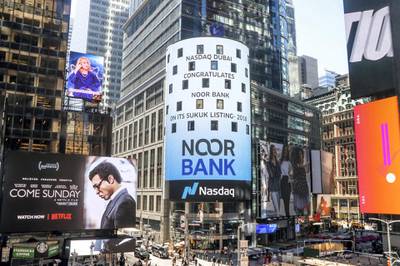 On May 16, John Iossifidis, chief executive of Noor Bank, rang Nasdaq Dubai’s market-opening bell to celebrate the listing of Noor Bank’s $500 million sukuk, acknowledged with a prominent congratulatory message displayed on Nasdaq Tower in Times Square, New York. Courtesy Noor Bank