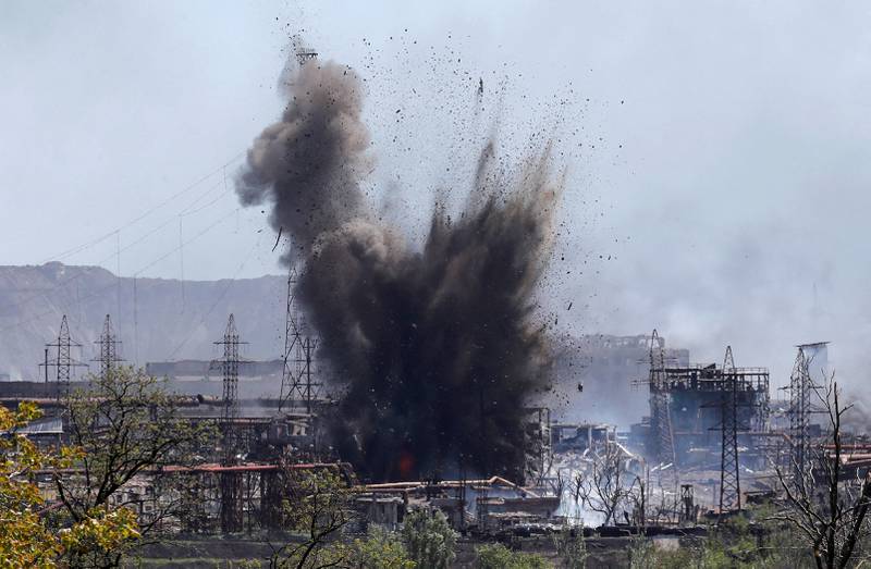 An explosion at the Azovstal Iron and Steel Works in Mariupol on May 11. Reuters