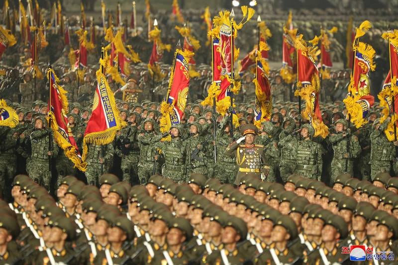 Soldiers marching in a military parade held to celebrate the 90th anniversary of the Korean People's Revolutionary Army (KPRA), in Pyongyang, North Korea. EPA