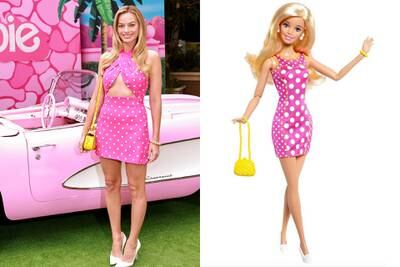Los Angeles: Margot Robbie kicked off the global press tour by recreating 2015’s Pink & Fabulous Barbie in a Valentino mini dress. Getty; Mattel