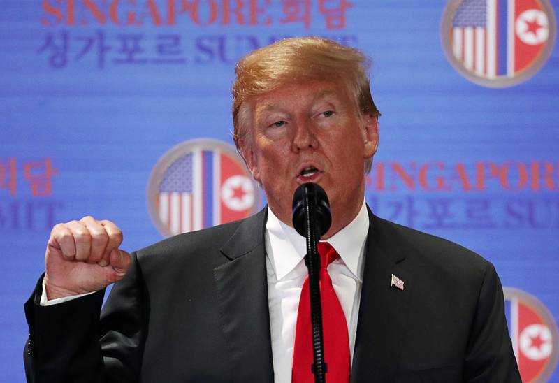 U.S. President Donald Trump speaks during a news conference after his meeting with North Korean leader Kim Jong Un at the Capella Hotel on Sentosa island in Singapore June 12, 2018. REUTERS/Jonathan Ernst