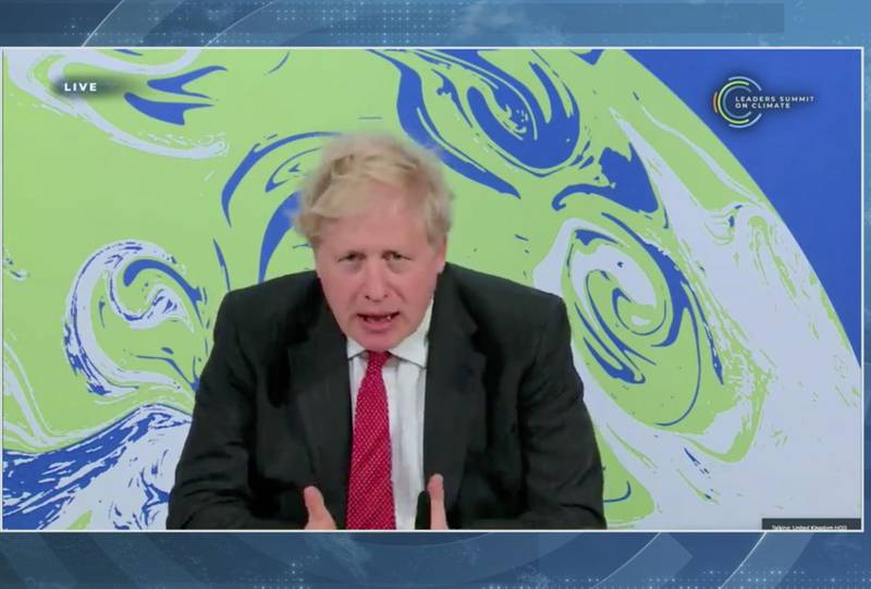 British Prime Minister Boris Johnson speaks during the virtual Leaders Summit on Climate in a video screenshot. Bloomberg