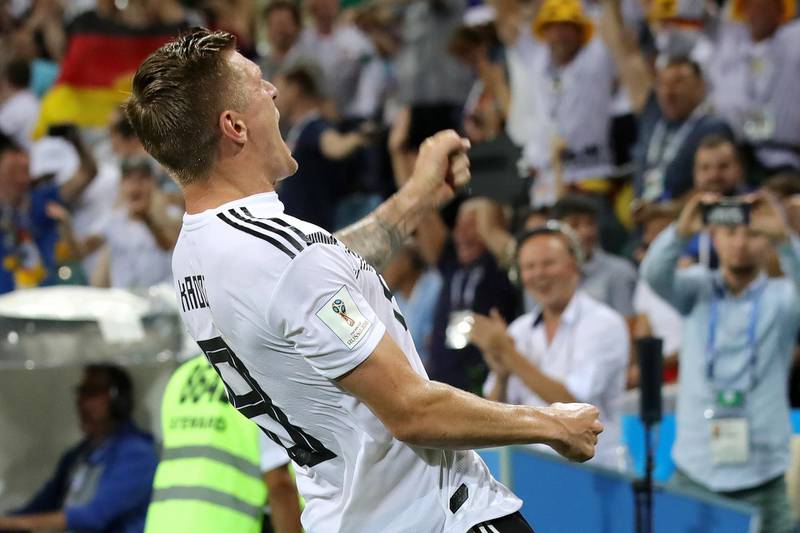 SOCHI, RUSSIA - JUNE 23:  Toni Kroos of Germany celebrates scoring his sides winning goal during the 2018 FIFA World Cup Russia group F match between Germany and Sweden at Fisht Stadium on June 23, 2018 in Sochi, Russia.  (Photo by Alexander Hassenstein/Getty Images) ***BESTPIX***