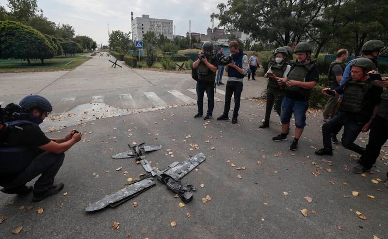 A picture taken during a visit organised by the Russian military shows international journalists around a drone near Zaporizhzhia. EPA