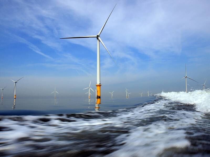 Turbines of the Burbo Bank offshore wind farm in the mouth of the River Mersey, Liverpool, in 2008. Getty