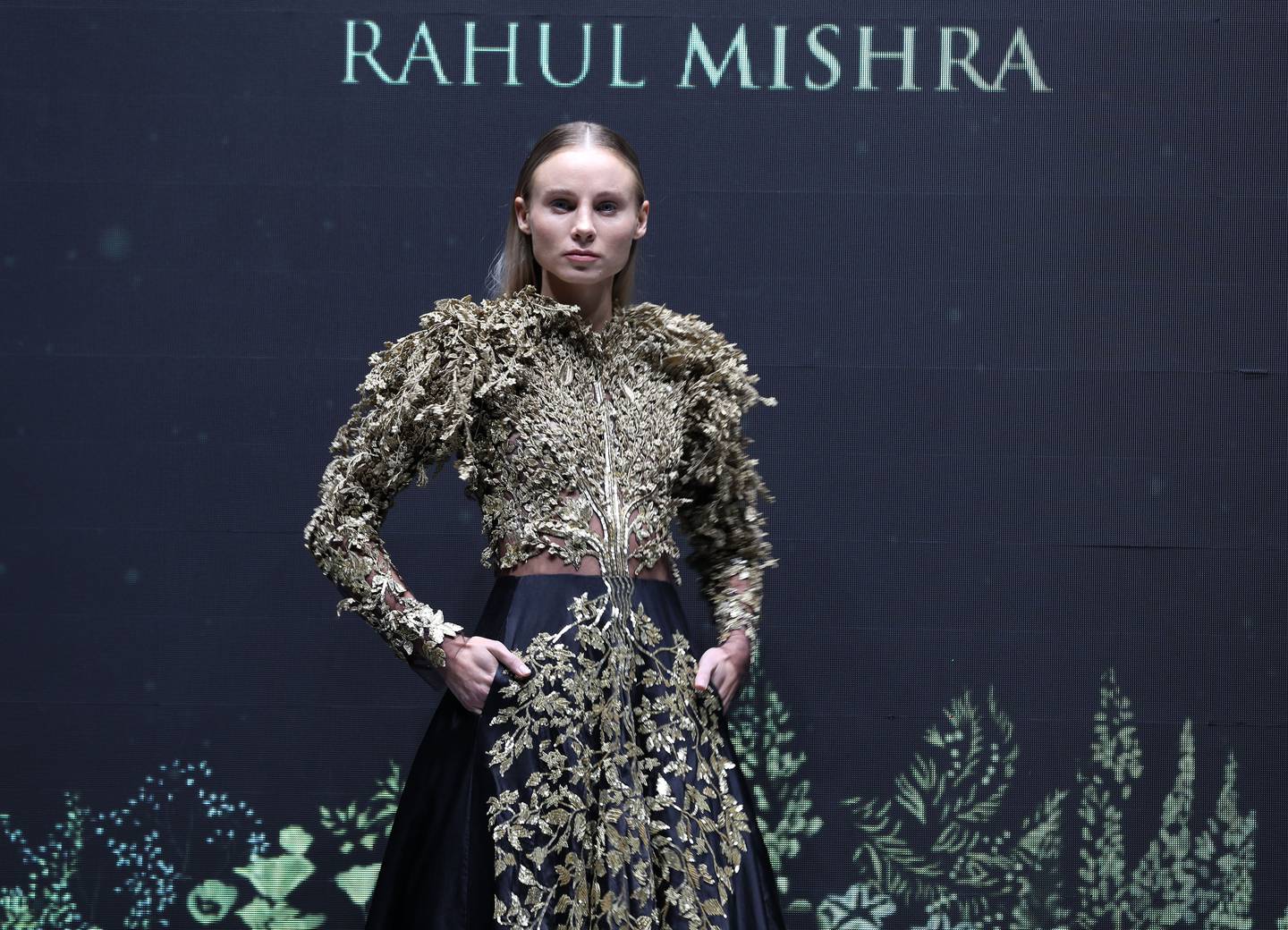 Indian designer Rahul Mishra presented his new line at Istituto Marangoni's Reinventing The Future fashion show in Dubai. Chris Whiteoak / The National
