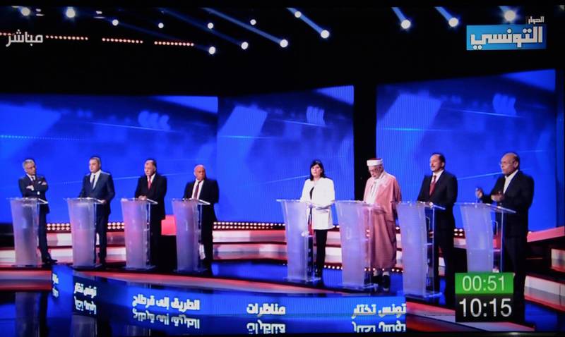 This tv grab taken from Ettounsiya TV shows candidates attending a TV debate for presidential candidates  in Tunis. Campaigning for Tunisia's presidential election opened on September 2 with 26 candidates vying to replace late leader Beji Caid Essebsi in a vote seen as vital to defending democratic gains in the cradle of the Arab Spring. AFP
