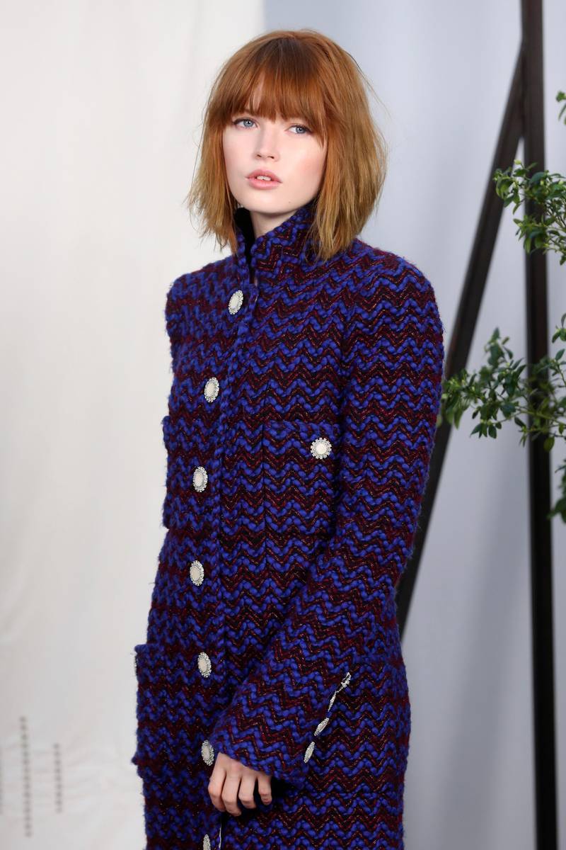 Actress Ellie Bamber poses before the Chanel Haute Couture Spring/Summer 2020 show. AP
