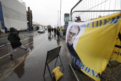 An image of Leeds United manager Marcelo Bielsa is seen on a flag outside Elland Road. Reuters