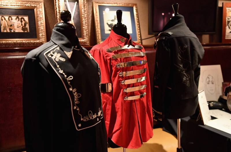 Michael Jackson shirts and a signed jacket are on display at the Icons & Idols: Rock-N-Roll press preview at Julien's Auctions at Hard Rock Cafe Times Square on November 5, 2018 in New York City.  / AFP / Angela Weiss
