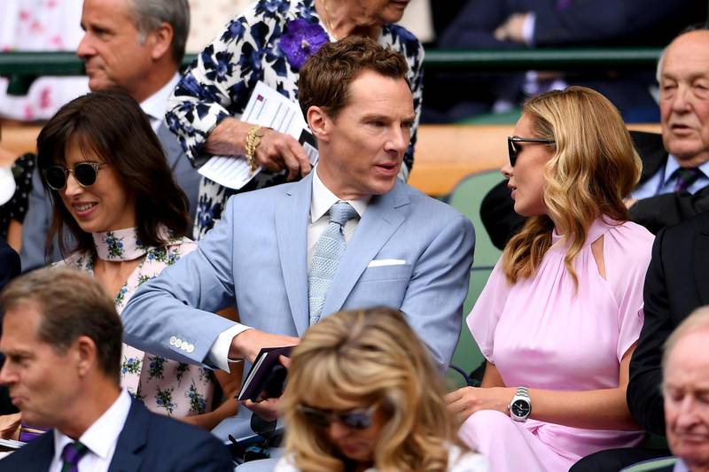 Actor Benedict Cumberbatch with his wife, Sophie Hunter, and singer Katherine Jenkins in the Royal Box during the final between Switzerland's Roger Federer and Serbia's Novak Djokovic. Laurence Griffiths/Pool via REUTERS