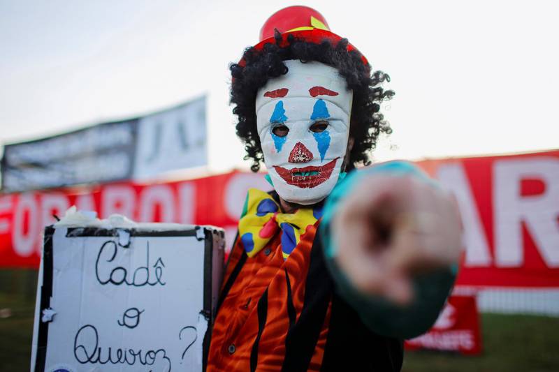 A demonstrator wearing a clown mask and holding a sign that says 'Where is Queiroz?' takes part in a protest against Brazilian President Jair Bolsonaro in front of the Superior Electoral Tribunal (TSE), amid the coronavirus disease, in Brasilia, Brazil. Reuters