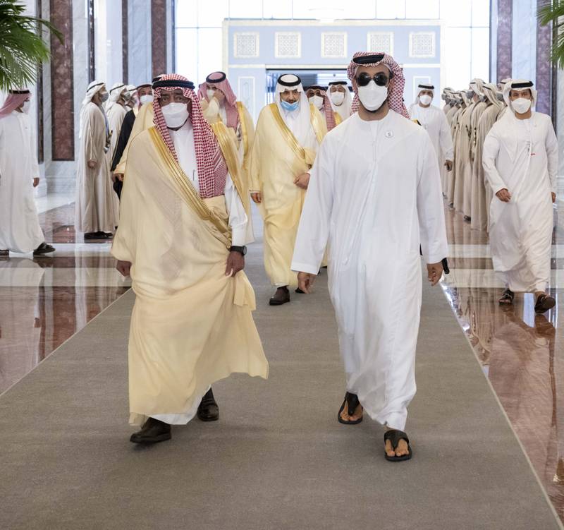 Prince Muqrin bin Abdulaziz of Saudi Arabia with Sheikh Tahnoun bin Zayed, UAE National Security Adviser.