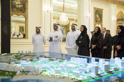 Sheikh Mohammed bin Zayed, Crown Prince of Abu Dhabi Deputy Supreme Commander of the Armed Forces, inspects a Dh 12 billion worth plan to develop the southern part of Yas Island by Miral, during a Sea Palace barza. Seen with Mohamed Al Mubarak, Chairman of Abu Dhabi Tourism and Culture Authority (3rd L), Noura Al Kaabi, Minister of State for Federal National Council Affairs. Mohamed Al Hammadi / Crown Prince Court - Abu Dhabi