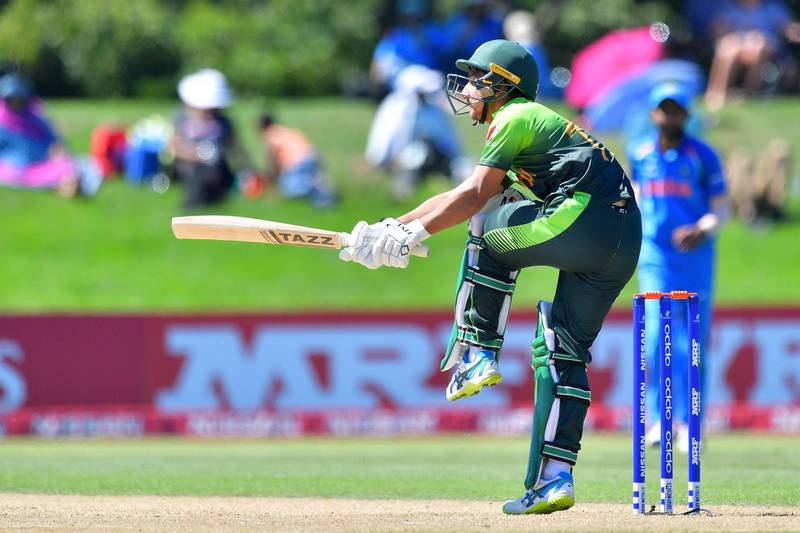 Pakistan's Rohail Nazir bats during the U19 semi-final cricket World Cup match between India and Pakistan at Hagley Oval in Christchurch on January 30, 2018. (Photo by Marty MELVILLE / AFP)