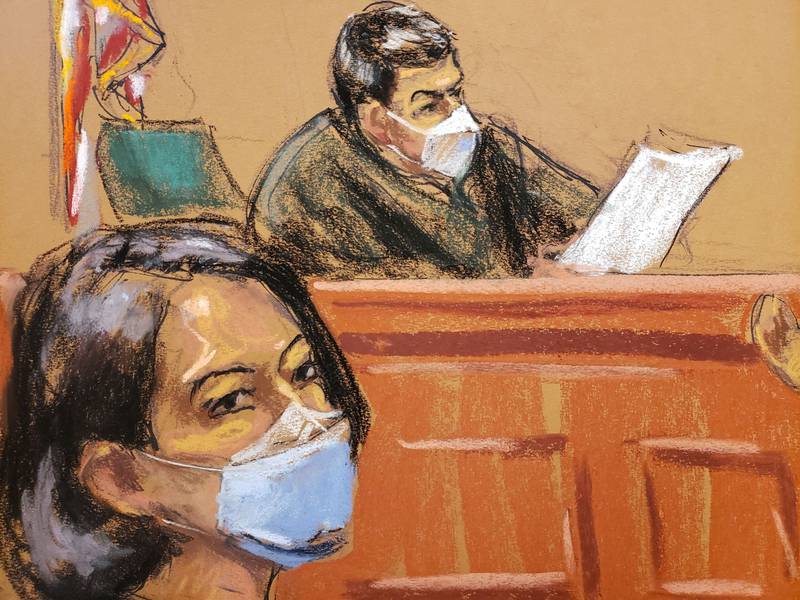 Judge Alison Nathan and Ghislaine Maxwell in a courtroom sketch. Reuters