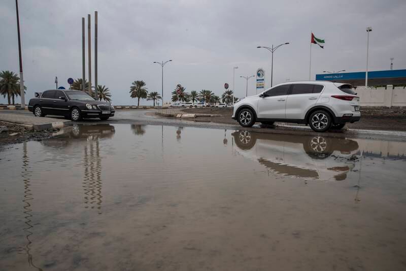 Water on the roads in Kalba after early-morning rain that lasted about 30 minutes. Antonie Robertson / The National

